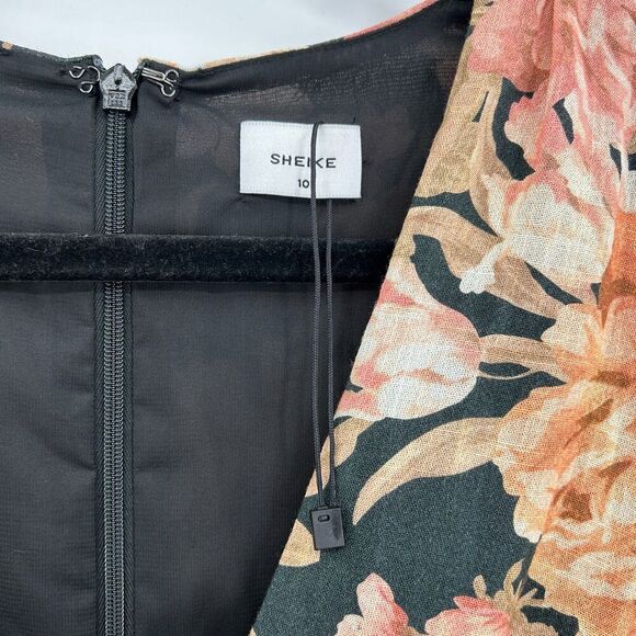 NWOT SHEIKE Orange Black Floral Print Button Down Puff Sleeve Boho Midi Dress 10 - Picture 8 of 9